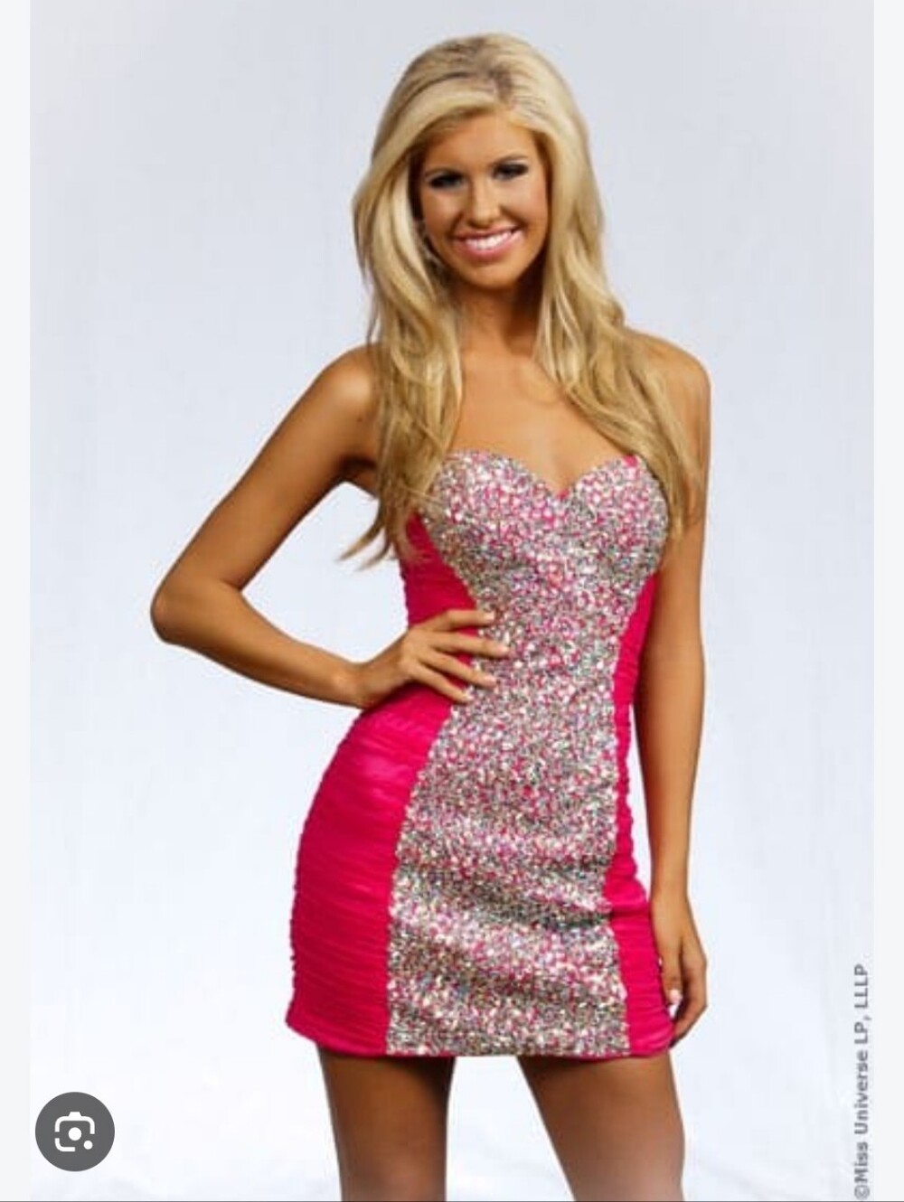La Femme Strapless Hot Pink Sequin Ruched Bodycon Dress